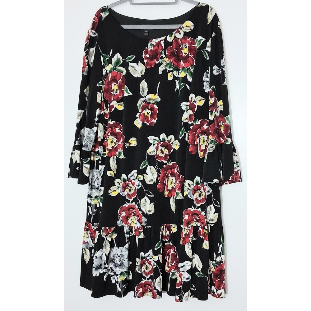 Connected Apparel‎ Dress Women's Size 20W Black Floral Bell Sleeves Pre-owned